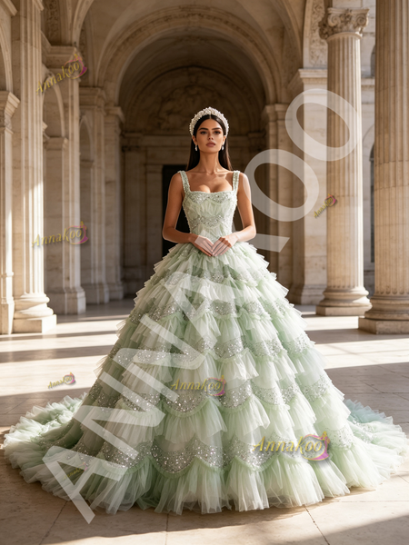 Shop 2026 ANNAKOO Strap Tulle Green Ball Gown Sequin Ruffles Prom Dress Under 398
