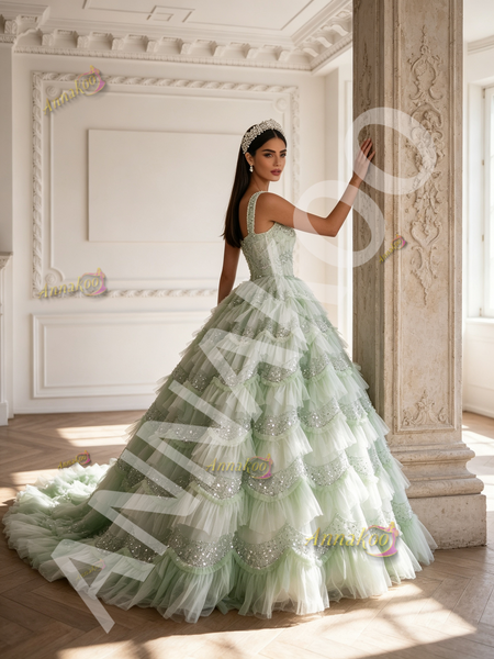 Shop 2026 ANNAKOO Strap Tulle Green Ball Gown Sequin Ruffles Prom Dress Under 398