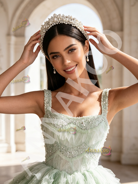 Shop 2026 ANNAKOO Strap Tulle Green Ball Gown Sequin Ruffles Prom Dress Under 398