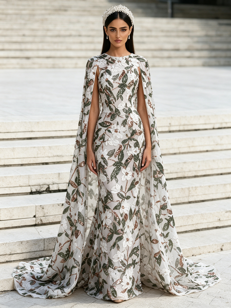 Shop 2026 ANNAKOO Chic Cape Sleeve Scoop Sheath Column Sequin Floral Prom Dress Under 288