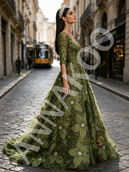 Shop 2026 ANNAKOO Olive Green Half Sleeve V Neck Rose Beading Tulle Prom Dress Under 349