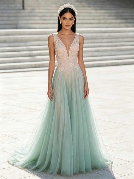 Shop 2026 ANNAKOO Pink & Green Tulle Flower A Line V Neck Prom Dress Under 239