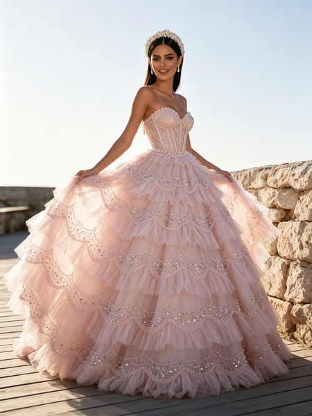 Shop 2026 ANNAKOO Sweetheart Pearls Ball Gown Ruffles Sequin Pink Prom Dress Under 349