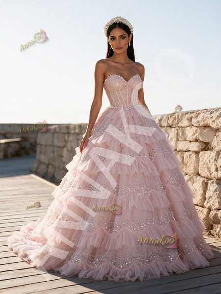 Shop 2026 ANNAKOO Sweetheart Pearls Ball Gown Ruffles Sequin Pink Prom Dress Under 349