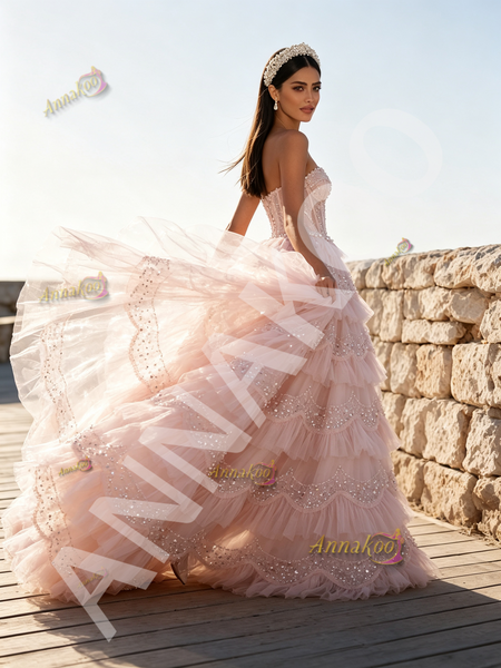 Shop 2026 ANNAKOO Sweetheart Pearls Ball Gown Ruffles Sequin Pink Prom Dress Under 349