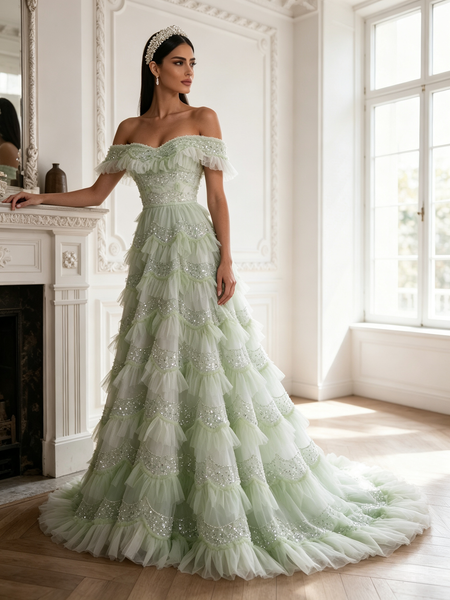 Light Green Tulle Sequin Off The Shoulder A Line Prom Dress