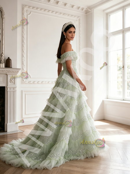 Light Green Tulle Sequin Off The Shoulder A Line Prom Dress