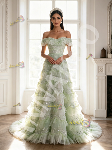 Light Green Tulle Sequin Off The Shoulder A Line Prom Dress