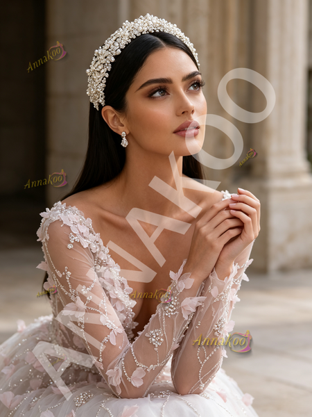 Long Sleeve Sequin Floral V Neck Pink Tulle Prom Dress