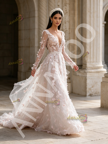 Long Sleeve Sequin Floral V Neck Pink Tulle Prom Dress