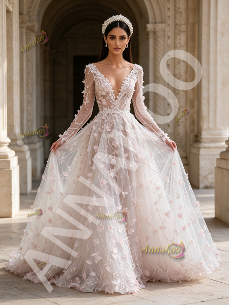 Long Sleeve Sequin Floral V Neck Pink Tulle Prom Dress