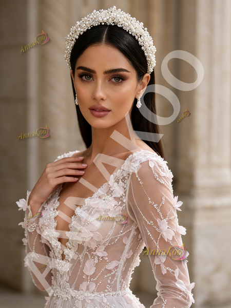Long Sleeve Sequin Floral V Neck Pink Tulle Prom Dress