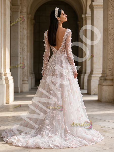 Long Sleeve Sequin Floral V Neck Pink Tulle Prom Dress
