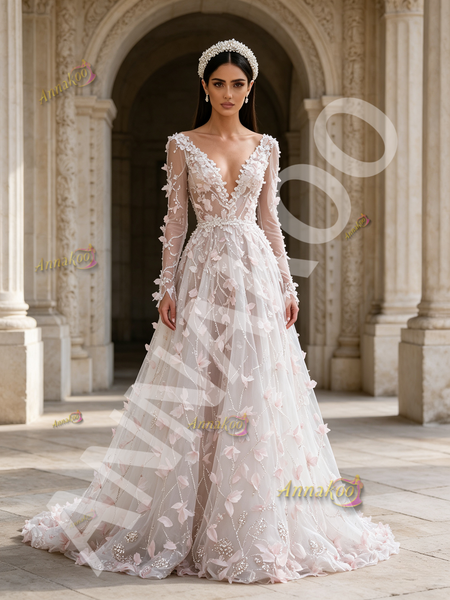 Long Sleeve Sequin Floral V Neck Pink Tulle Prom Dress