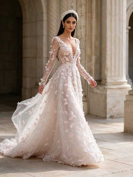 Long Sleeve Sequin Floral V Neck Pink Tulle Prom Dress