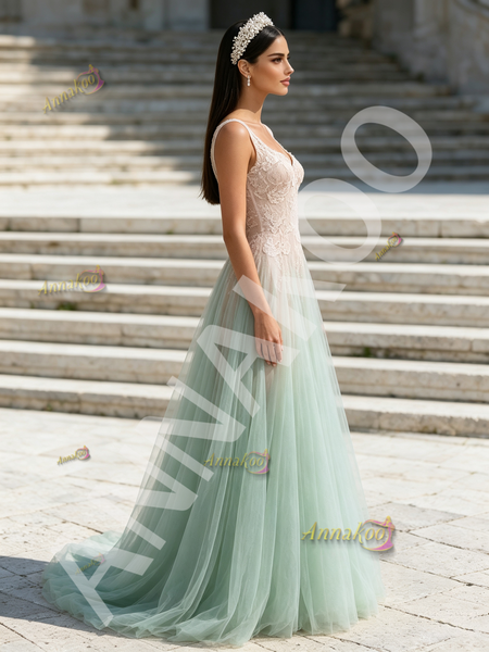 Light Green Tulle Pink Appliques A Line Prom Dress