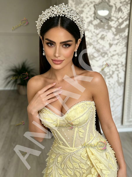 Shop 2026 ANNAKOO Yellow Leaf Flowers Sweetheart Trumpet Mermaid Prom Dress With Slit Under 298
