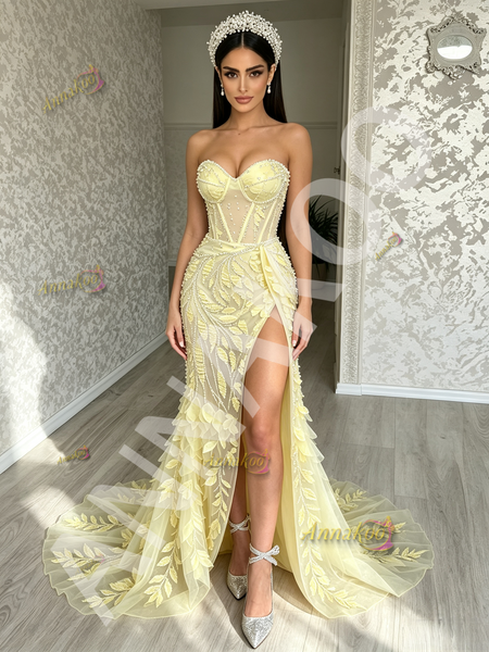 Shop 2026 ANNAKOO Yellow Leaf Flowers Sweetheart Trumpet Mermaid Prom Dress With Slit Under 298