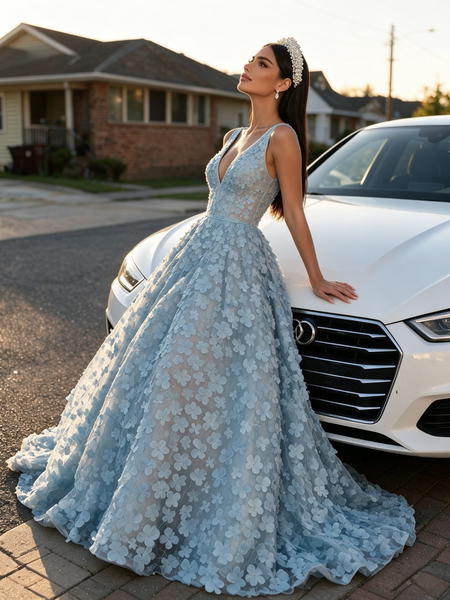Shop 2026 ANNAKOO Light Blue V Neck A Line Backless Tulle Prom Dress 298