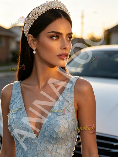 Light Blue V Neck A Line Flower Backless Tulle Prom Dress