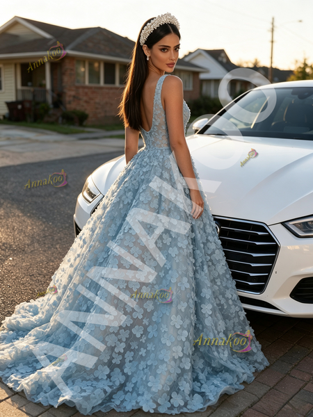 Shop 2026 ANNAKOO Light Blue V Neck A Line Backless Tulle Prom Dress 298