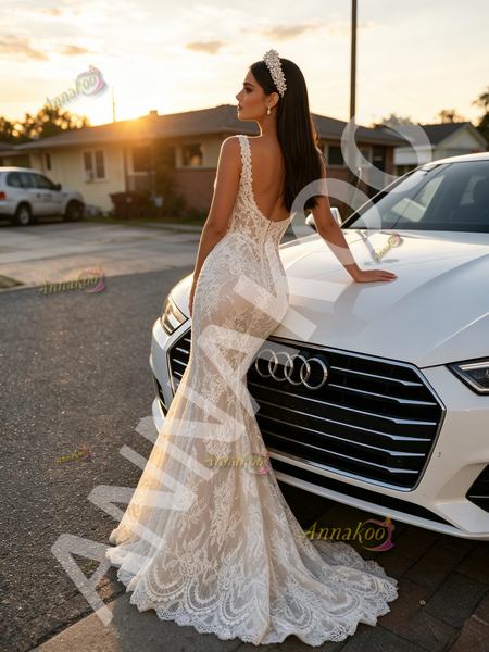Shop 2026 ANNAKOO Straps Trumpet Mermaid White Lace Sweep Train Wedding Dress Under 239