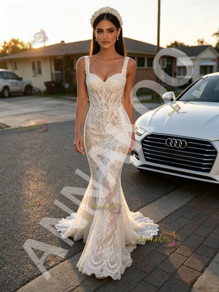 Shop 2026 ANNAKOO Straps Trumpet Mermaid White Lace Sweep Train Wedding Dress Under 239