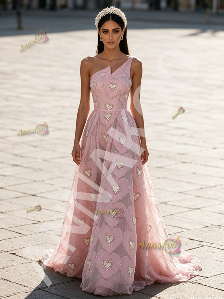 Shop 2026 ANNAKOO One Shoulder A Line Heart Pearls Pink Prom Dress Under 269