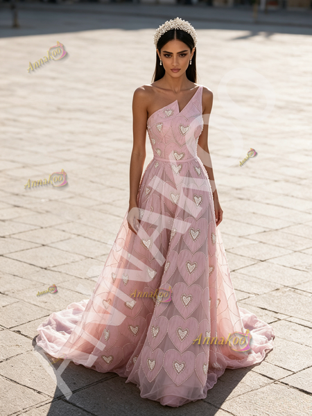 Shop 2026 ANNAKOO One Shoulder A Line Heart Pearls Pink Prom Dress Under 269