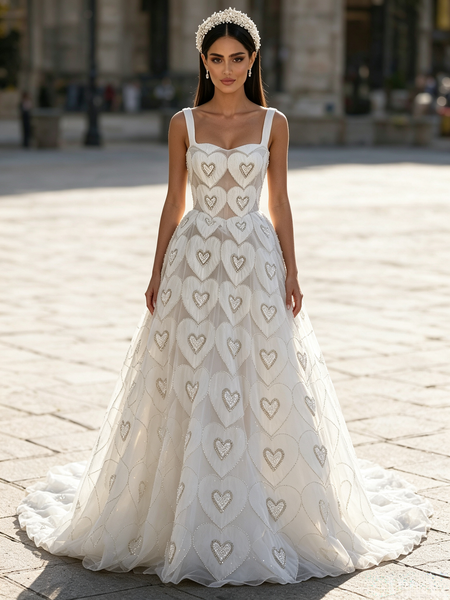 Shop 2026 ANNAKOO White Square Straps Tulle A Line Heart Pearls Prom Dress Under 269