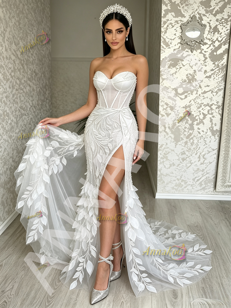 Shop 2026 ANNAKOO White Sheath Column Sweetheart Slit Leaf Flower Prom Dress Under 298