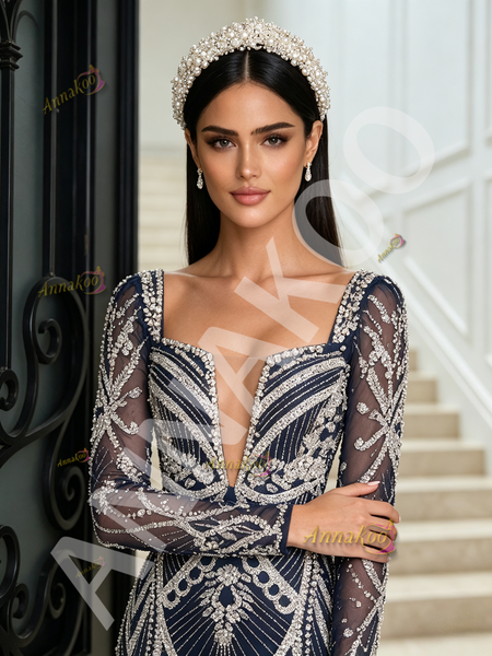 Shop 2026 ANNAKOO Navy Blue Square Long Sleeve Trumpet Mermaid Beading Prom Dress With Slit Under 359