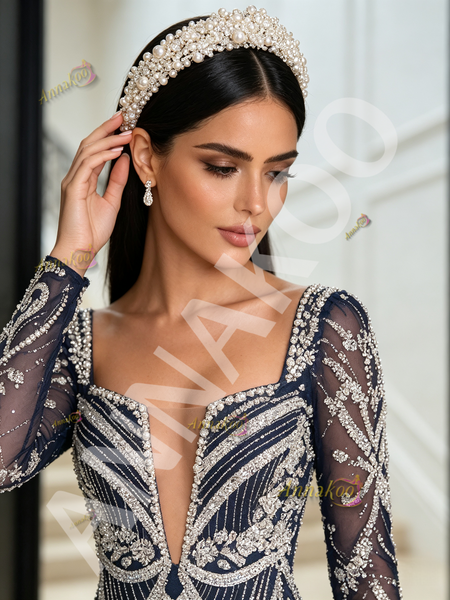 Shop 2026 ANNAKOO Navy Blue Square Long Sleeve Trumpet Mermaid Beading Prom Dress With Slit Under 359