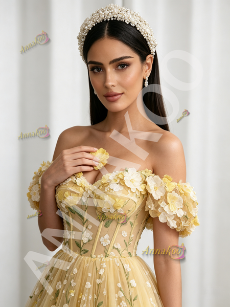 Shop 2026 ANNAKOO Off The Shoulder Yellow Lace Floral A Line Prom Dress Under 269