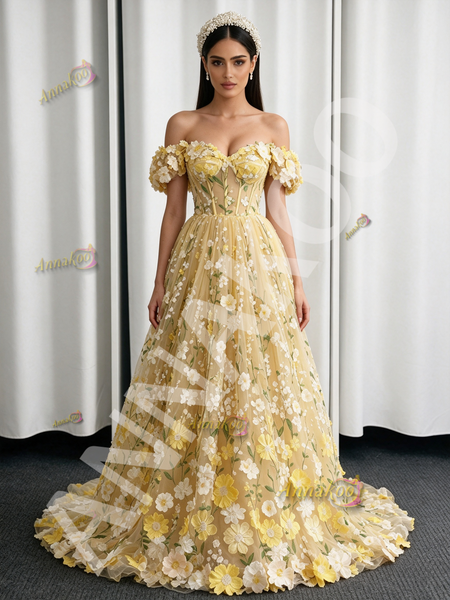 Shop 2026 ANNAKOO Off The Shoulder Yellow Lace Floral A Line Prom Dress Under 269