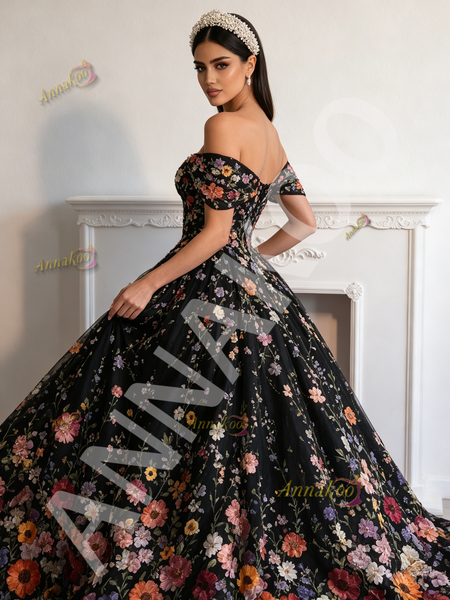 Shop 2026 ANNAKOO Black Off The Shoulder Floral Lace A Line Prom Dress Under 298