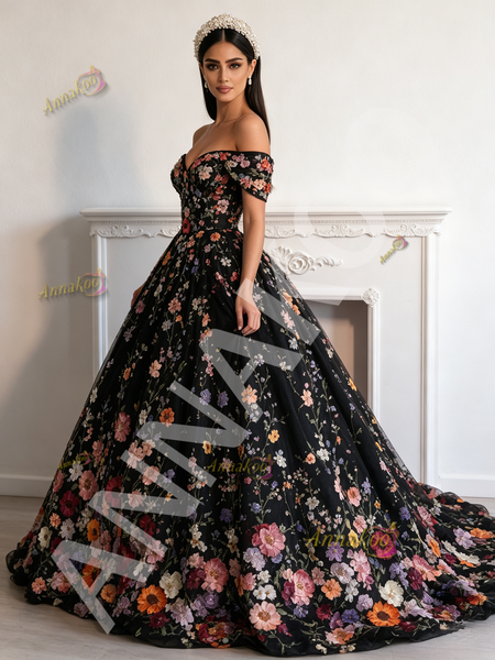 Shop 2026 ANNAKOO Black Off The Shoulder Floral Lace A Line Prom Dress Under 298