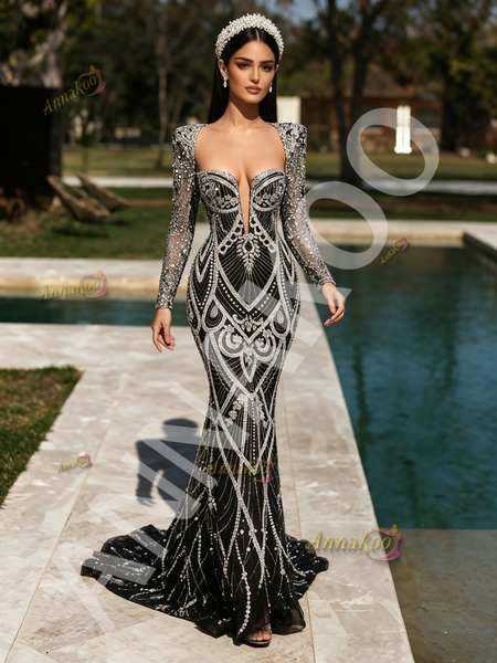 Shop 2026 ANNAKOO Black Square Beading Long Sleeve Trumpet Mermaid Prom Dress Under 359