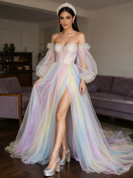 Shop 2026 ANNAKOO Rainbow Tulle Long Sleeve A Line Prom Dress With Slit Under 198