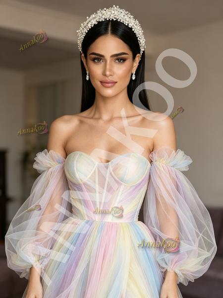 Shop 2026 ANNAKOO Rainbow Tulle Long Sleeve A Line Prom Dress With Slit Under 198