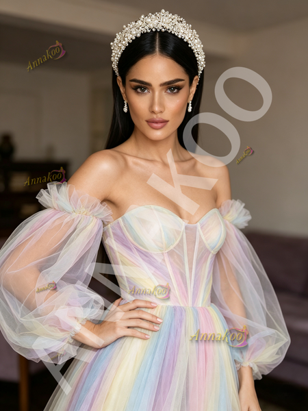 Shop 2026 ANNAKOO Rainbow Tulle Long Sleeve A Line Prom Dress With Slit Under 198