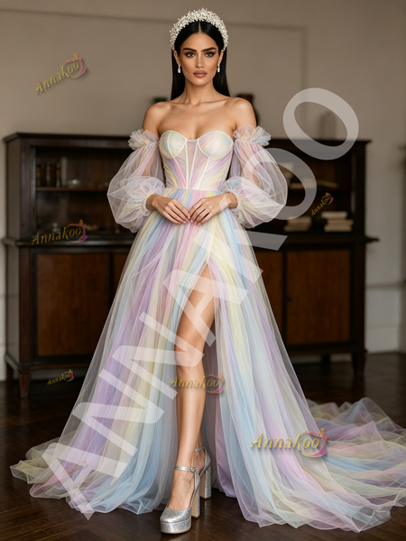 Shop 2026 ANNAKOO Rainbow Tulle Long Sleeve A Line Prom Dress With Slit Under 198
