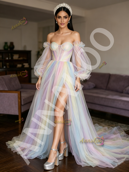 Shop 2026 ANNAKOO Rainbow Tulle Long Sleeve A Line Prom Dress With Slit Under 198