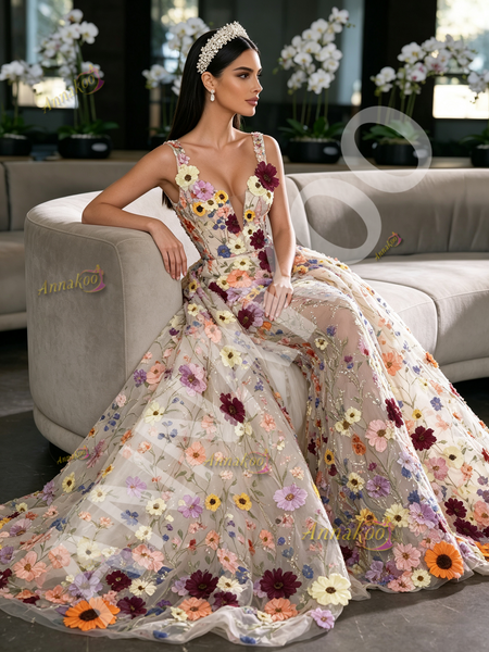 Shop 2026 ANNAKOO Colorful Floral Lace Detachable Train Trumpet Mermaid Prom Dress Under 358