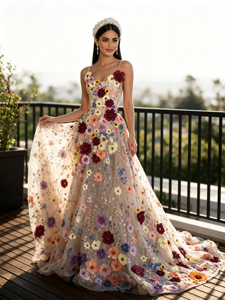 Shop 2026 ANNAKOO Spaghetti Straps A Line Flowers Colorful  Lace Prom Dress Under 359