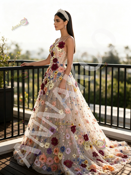 Shop 2026 ANNAKOO Spaghetti Straps A Line Flowers Colorful  Lace Prom Dress Under 359