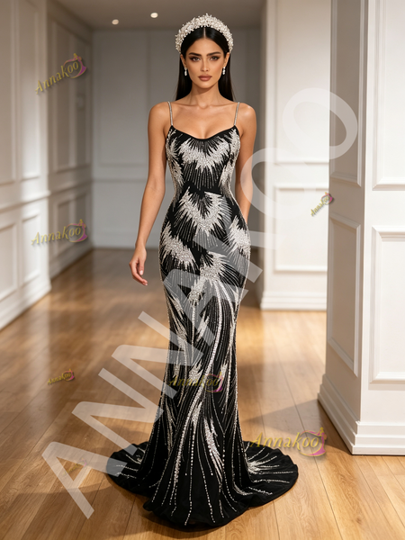 Shop 2026 ANNAKOO Spaghetti Straps Black Pearls Trumpet Mermaid Tulle Prom Dress Under 298