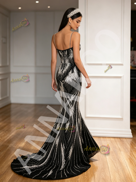 Shop 2026 ANNAKOO Spaghetti Straps Black Pearls Trumpet Mermaid Tulle Prom Dress Under 298