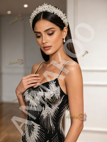 Shop 2026 ANNAKOO Spaghetti Straps Black Pearls Trumpet Mermaid Tulle Prom Dress Under 298