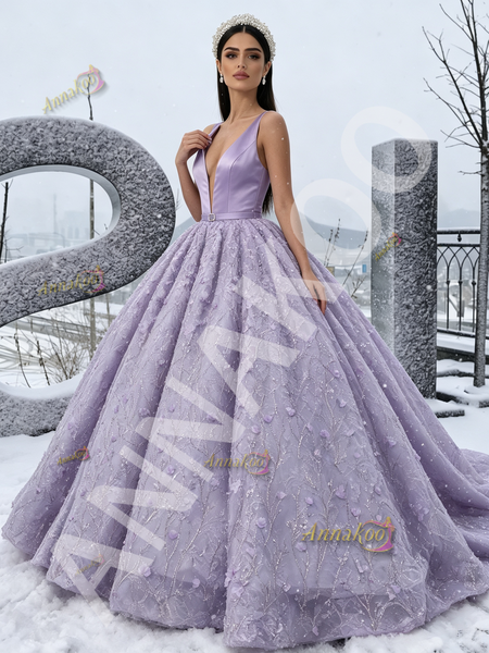 Shop 2026 ANNAKOO Lavender Satin Lace Flower Ball Gown Belt Prom Dress Under 298